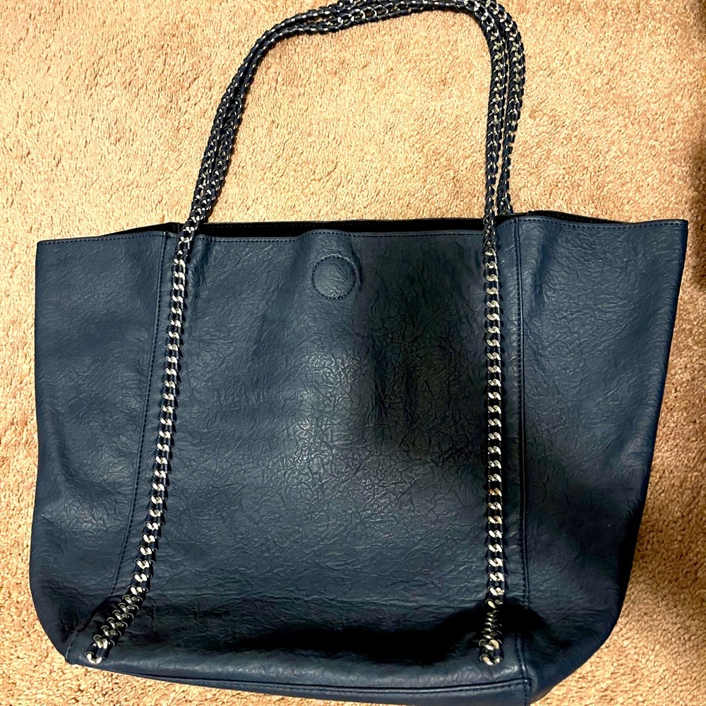 NWT Navy Vegan Leather Tote with Chain Straps